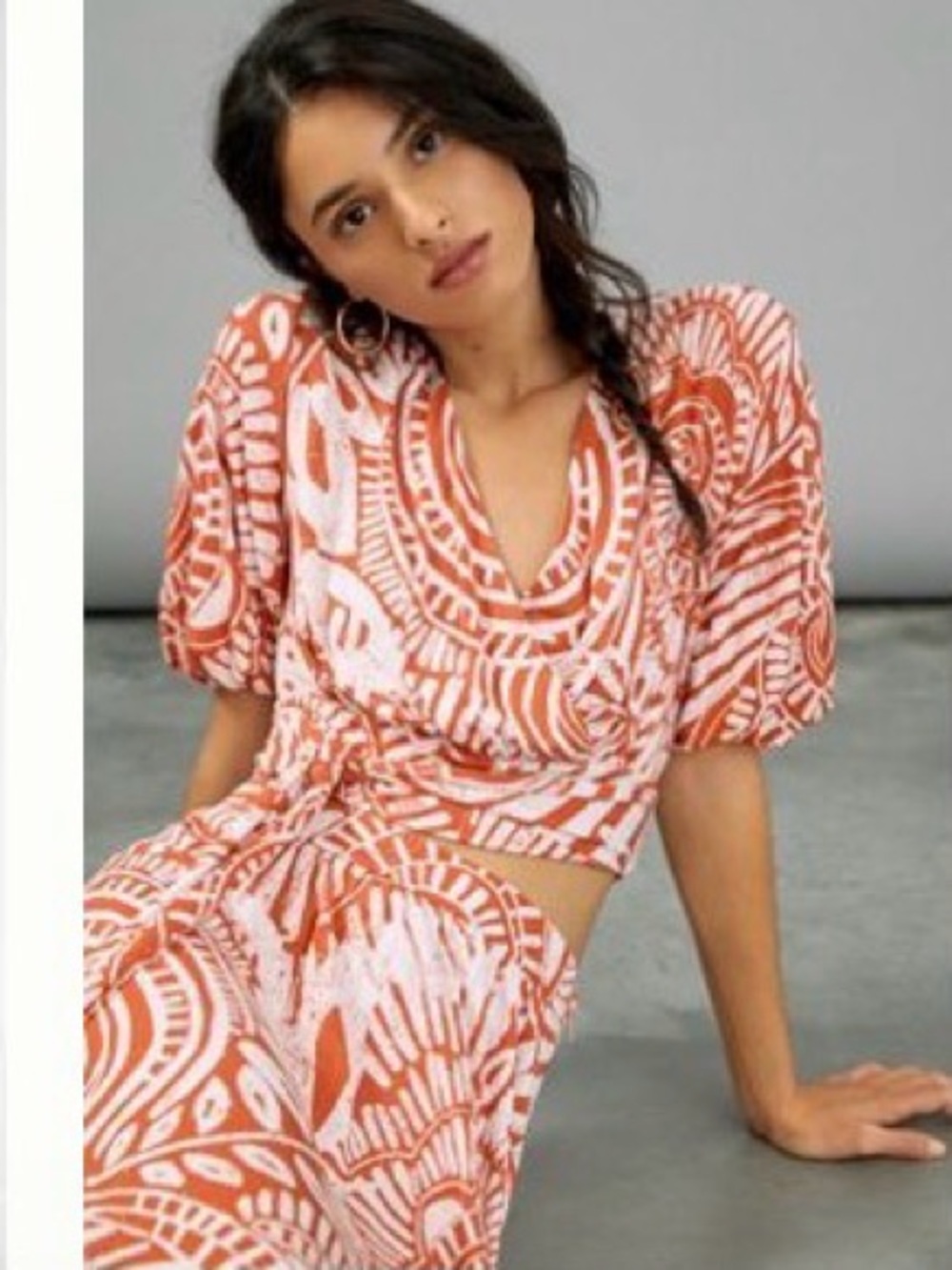 Anthropologie  Boho Batik Orange and White Printed Midi Skirt Set